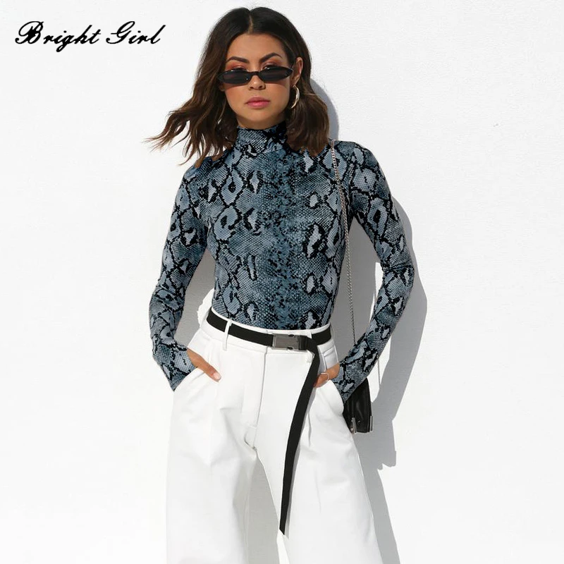 

BRIGHT GIRL Women Jumpsuit High Collar Long Sleeve Serpentine Printing Rompers Sexy Casual Skinny Cloth for Femme Fashion
