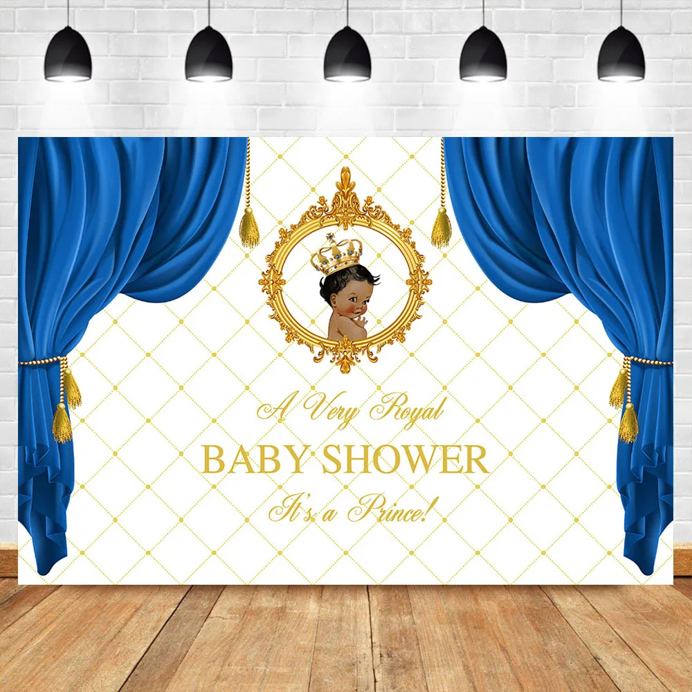 

Neoback Royal Baby Shower Backdrop Ethnic Little Prince Gold Cowrn Photo Background Blue Curtain Cake Table Banner Backdrops