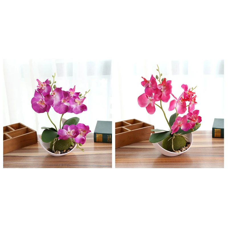 3 Fork Artificial Butterfly Orchid Potted plant silk Flower with Plastic pot moss Home Balcony Decoration vase set wedding Decor