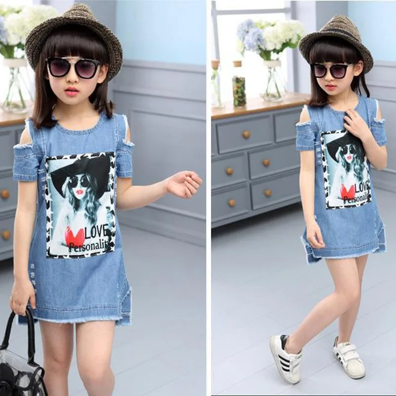 Новинка года, летние милые платья с героями мультфильмов для девочек Джинсовая детская повседневная одежда с открытыми плечами детское платье для девочек от 5 до 9 лет