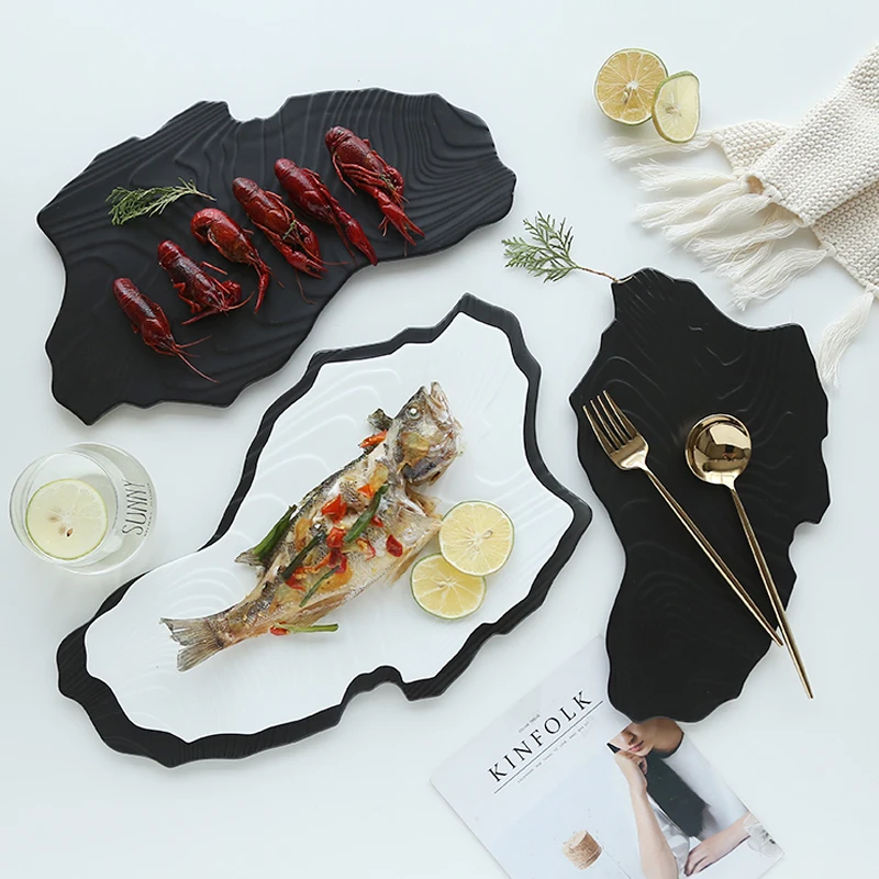 

Creative Western Plate Black Irregular Shape Steak Plates Restaurant Food Decoration Plate Swing Fruits tray Porcelain Dish