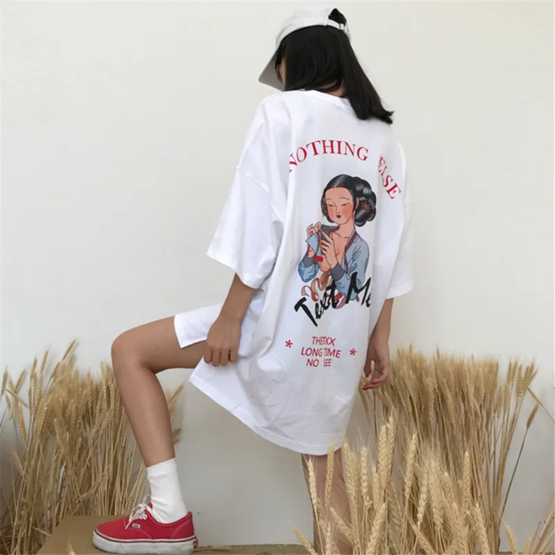 

TREND-Setter 2018 Summer and Spring Harakuju Letter T Shirt Women Cartoon Pattern Tops Whiet and Black Tee High Street Oversize
