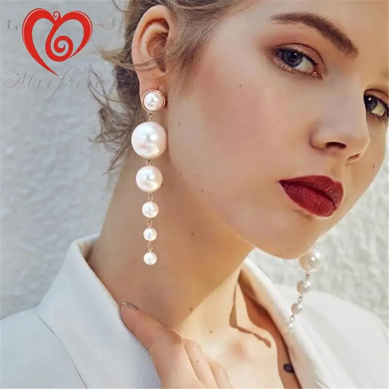 Maxfresh Элегантный Большой Имитация Pearl длинные серьги для женщин жемчуг строка