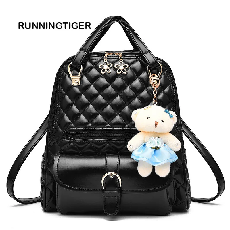 

Women's Backpack High Quality PU Leather Backpacks space Mochila Multi-function School Bag For Teenagers Girls with Gift Bear