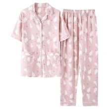 Женский пижамный комплект с короткими рукавами и длинными штанами; Новинка; сезон весна-лето; милый кардиган с рисунком из мультфильма; отложной воротник; женские пижамы для отдыха