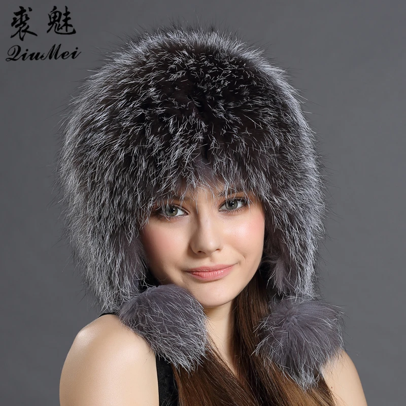 Для женщин зимняя шапка Earflap натуральным лисьим мехом Кепки теплый натурального меха Кепки s ушанку женский енота меховая шапка российский бомбардировщик Шапки ушанка - изображение