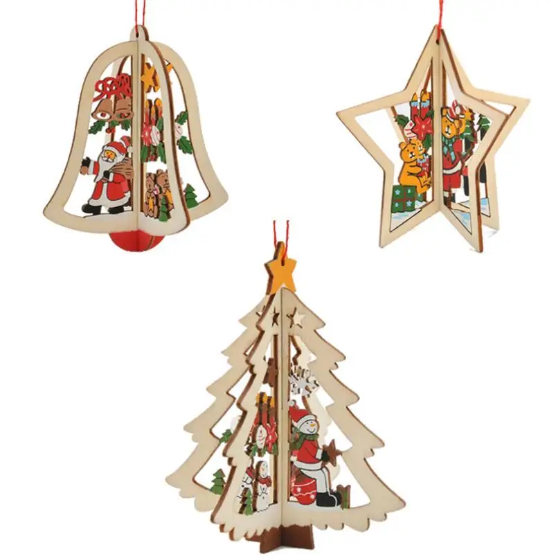 

3pcs 3D Creative Christmas Wooden Pendants Ornaments DIY Star Bell Tree Xmas Party Decorations Xmas Tree Ornaments Kids Gift