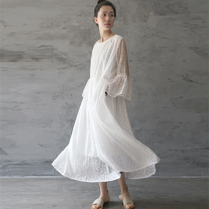 

SCUWLINEN 2019 Spring Summer Women Dress O-neck Jacquard Floral Butterfly Sleeve Double Layer Loose Maxi Long White Dress P081