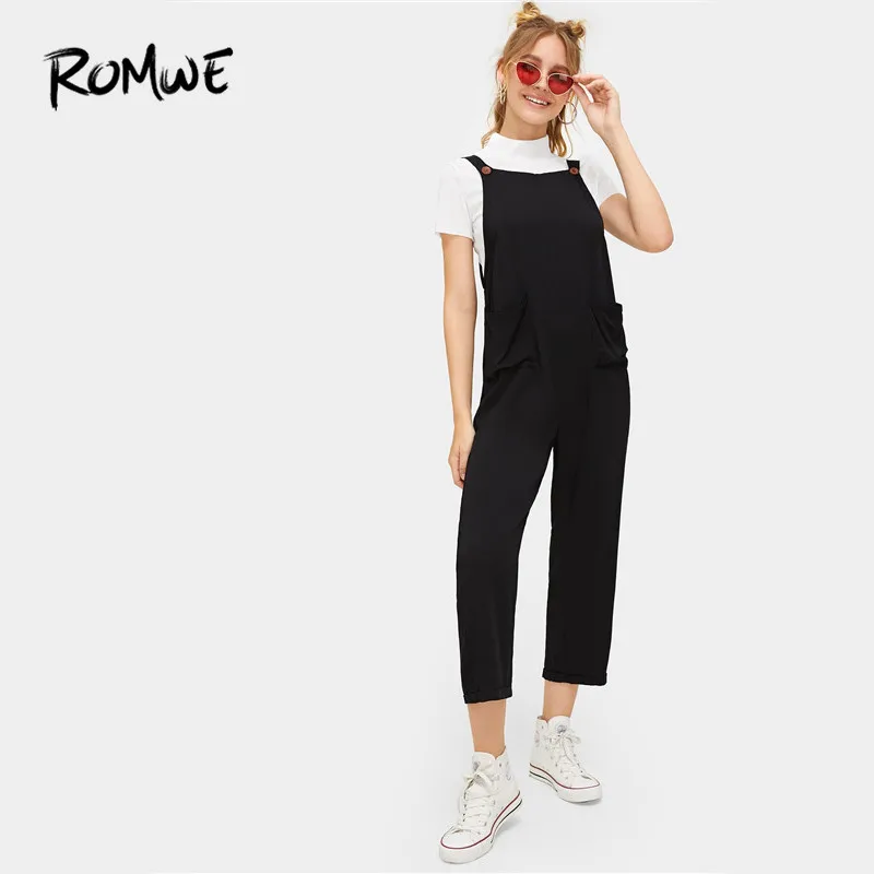 

ROMWE Black Straps Sleeveless Mid Waist Preppy Women Jumpsuits Pocket Front Straight Leg Rolled Up Hem Pinafore Utility Jumpsuit