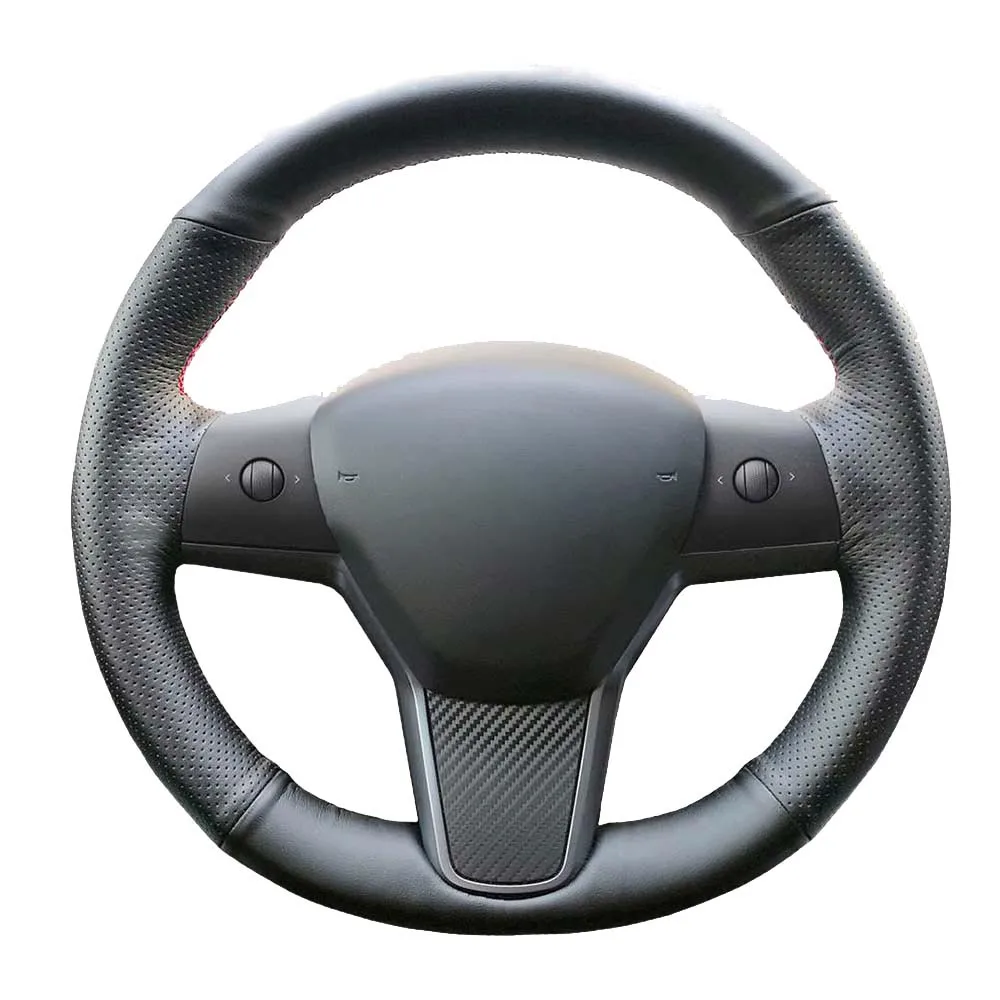 

Top Leather Steering Wheel Hand-stitch on Wrap Cover For Tesla Model 3 17-19