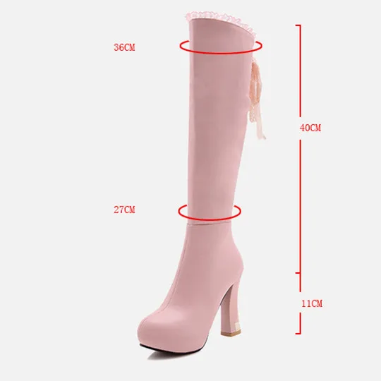 YMECHIC/ г.; модные милые розовые и белые рыцарские сапоги до колена на платформе с перекрестной шнуровкой и кружевными оборками для верховой езды на высоком каблуке; обувь 43
