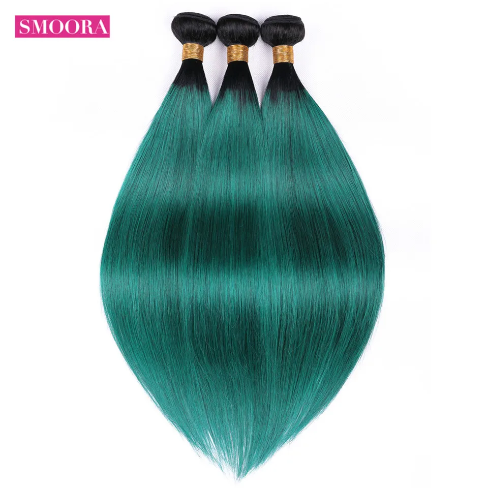 

Smoora Ombre Hair Bundles 1B/Green Two Tone Color Ombre Human Hair Weave Brazilian Straight 3 Bundles / Lot Non Remy Dark Roots