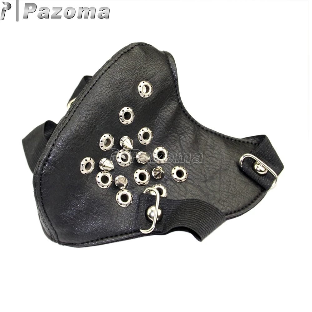 

Metal Holes Studded Punk Black Leather Masquerade Mens Biker Motorcycle Leather Half-face Mask for Men