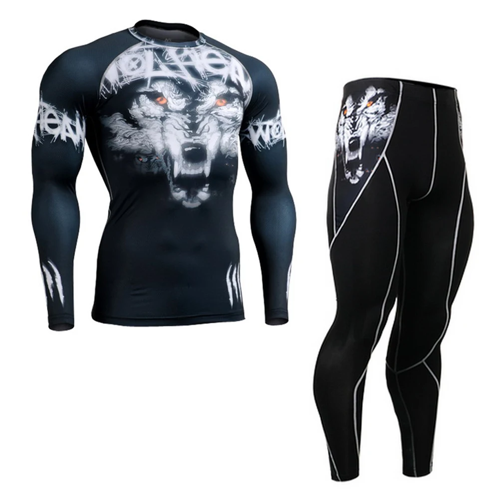 Fashion Men Compression Set Base Layer Skin Tight MMA Workout Fitness ...