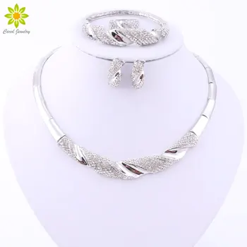 

Wedding Jewelry Sets For Women Vintage Necklace Earrings Ring Crystal Bracelet Silver Plated Bridal Luxury Jewelry Sets