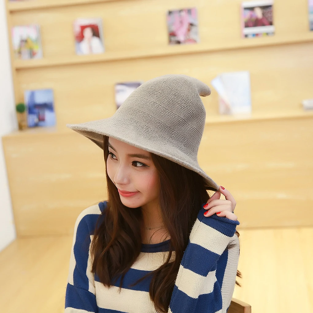 

Women Modern Witch Hat Foldable Costume Sharp Pointed Wool Felt Halloween Warm Autumn Winter Cap