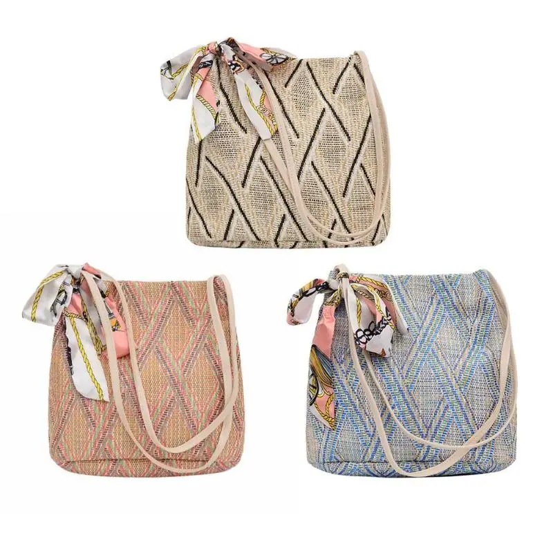 

Silk Decor Shoulder Handbags Straw Women Top-handle Bags Shopping Totes