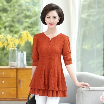

Long Sleeve Lace T Shirt Top For Women Tshirt Spring Autumn New Plus Size Mother'S V-Neck Bottoming Shirt Vintage Tee Pullover