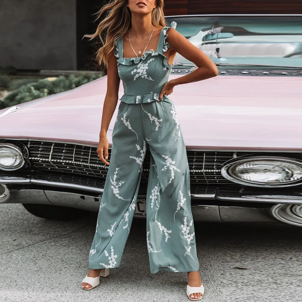 

Ladies Jumpsuit Summer 2019 Fashion Women Print Ruffled Ladies Casual Sleeveless Playsuit Long Jumpsuit L321