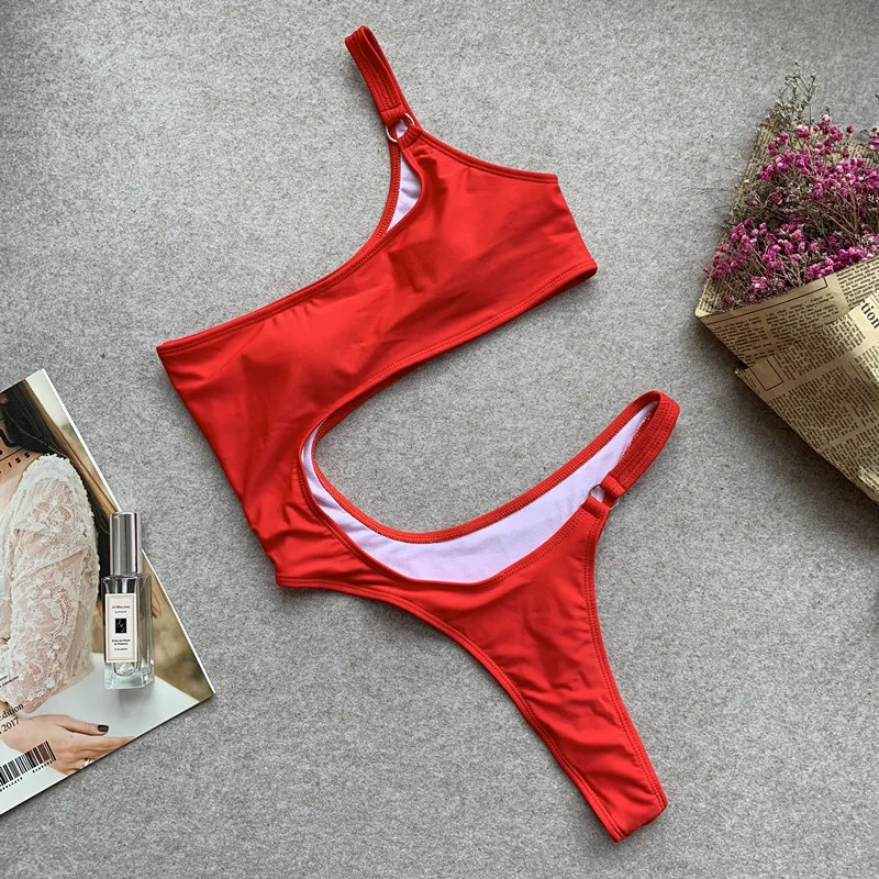 Сексуальный купальник пуш-ап для женщин, одежда для пляжа, купальный костюм на одно плечо для женщин, новинка, купальник бикини с высокой посадкой, купальный костюм - Цвет: Красный