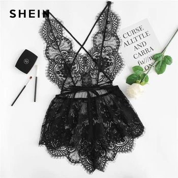 

SHEIN Eyelash Lace Deep V Neck Sexy Criss Cross Back Solid Lace Sleep Rompers Women Summer Teddies Sleepwear Onesies