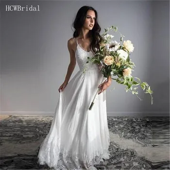 

Robe De Mariee High Quality Simple Lace Chiffon Wedding Dresses Spaghetti Strap A Line Floor Length Long Bridal Dress Cheap