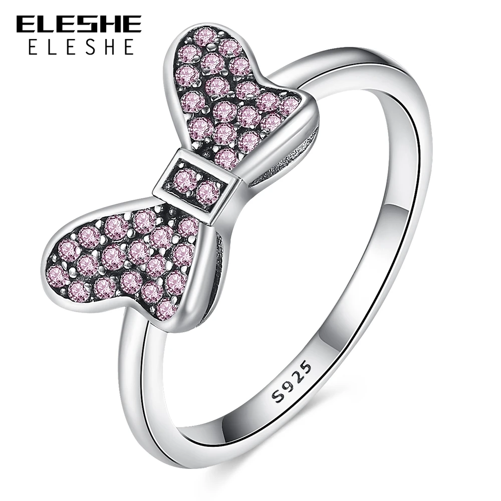 ELESHE Cartoon Disny Minnie's Sparkling Bow Ring with Pink Clear CZ 100% 925 Sterling Silver Rings Jewelry 2018 New Collection