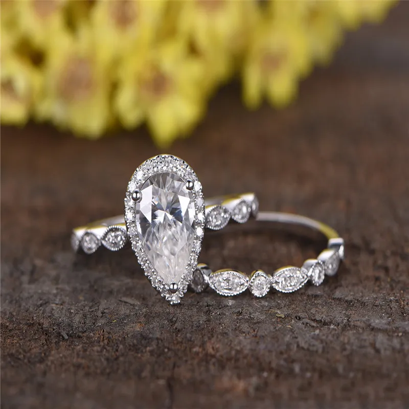 Wholesale high quality Trendy Crystal Leaf White Stone Ring Set Water