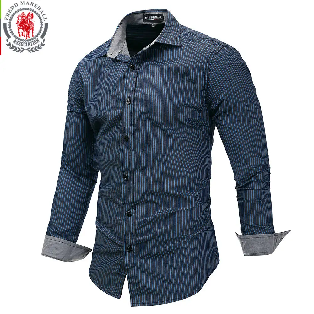 Fredd Marshall, новинка, мужская полосатая рубашка с длинным рукавом, мужская повседневная рубашка, хлопок, Camiseta Social Masculin размера плюс 3XL 121 - Цвет: 121 Blue