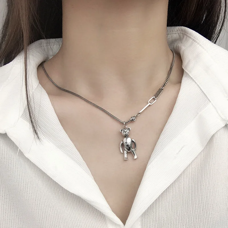 Корейское колье-чокер с милым медведем, 925 пробы, серебряное женское модное ожерелье, античное серебряное сплайсинговое ожерелье, женское ожерелье, ювелирное изделие