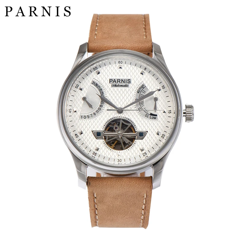 

43mm Parnis Skeleton Men's Watch Automatic PVD Case Power Reserve Tourbillon Brown Mechanical Watches Men Gift Relogio Masculino