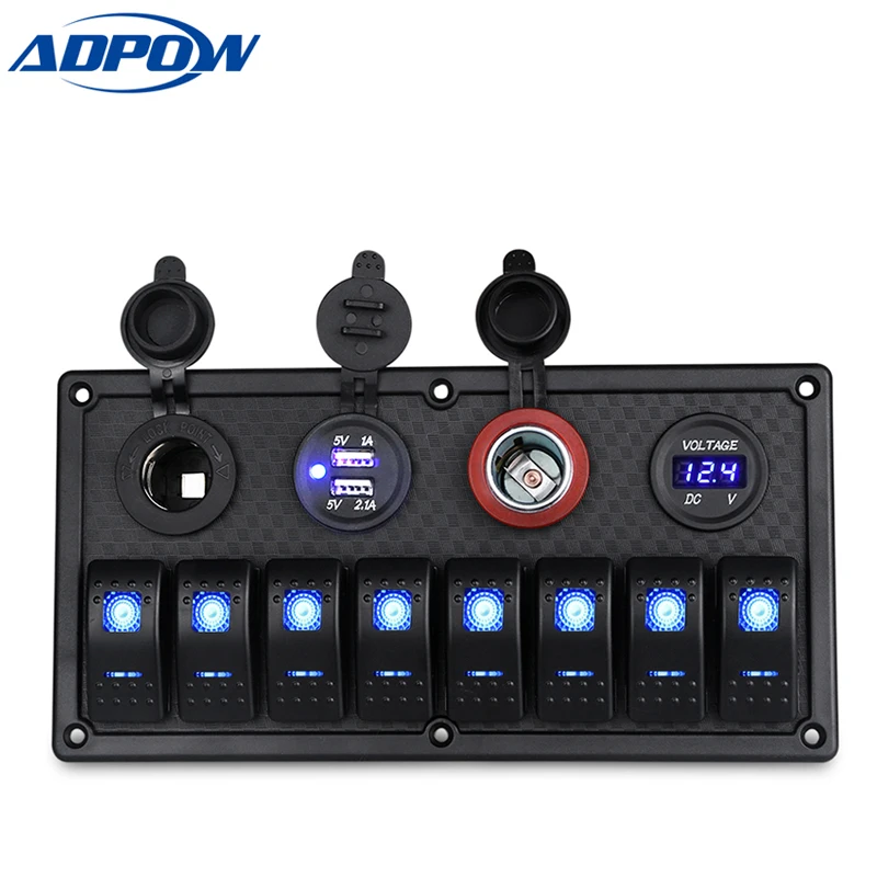 

ADPOW 8 Gang 12-24V Rocker Switch Panel Control Car Marine Boat Voltmeter Cigarette Lighter Socket Dual USB Charging Car Switch