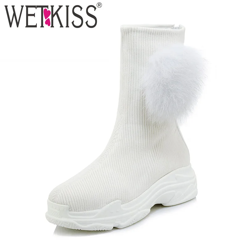 

WETKISS Fashion Casual Ankle Sock Boots Round Toe Footwear Fur Platform Female Stretch Boots Knitted Shoes Woman Winter 2018 New