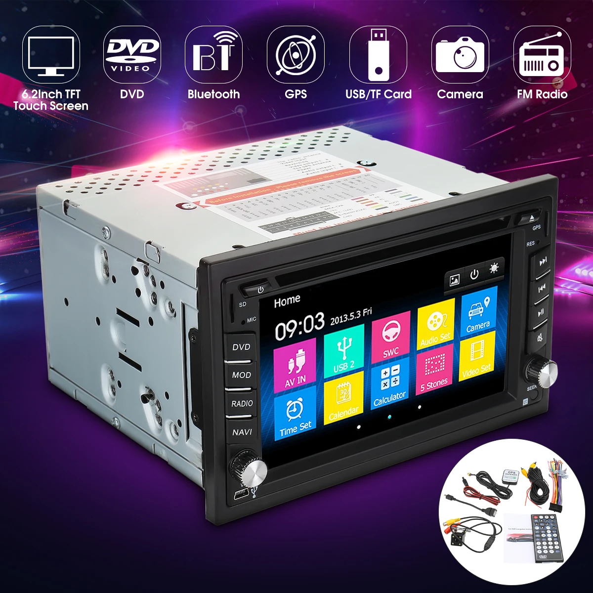 

6.2 Inch Double 2DIN Car Stereo DVD Player Bluetooth GPS Navigation HD USB TV Camera TFT MP3 Remote Control