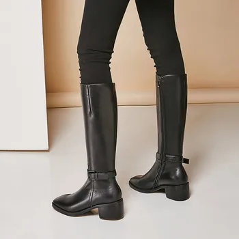 

MLJUESE 2020 women knee-high boots cow leather buckle strap winter black color short plush zipper high boots women boots size 43