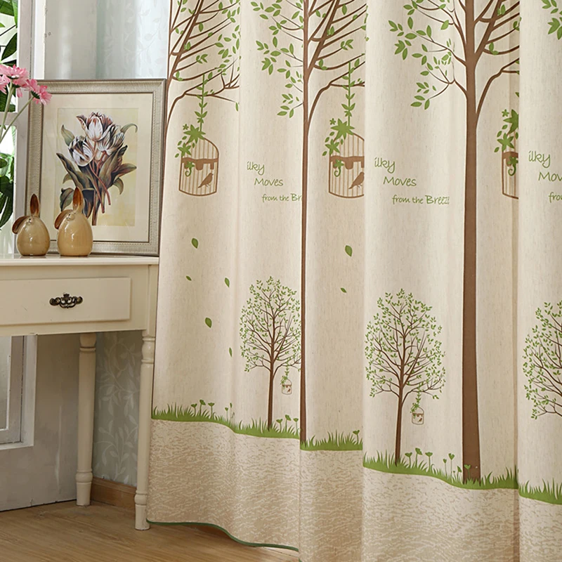 American rustic Kids Curtains for Bedroom Faux Linen Printed Trees