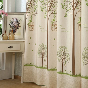 

American rustic Kids Curtains for Bedroom Faux Linen Printed Trees/ Birds Curtains for Living Room Window Curtains For Children