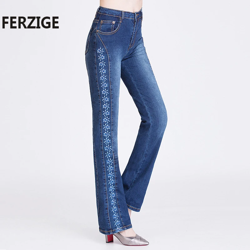 FERZIGE Women Jeans Embroidered Fashoin High Waist Quality Denim Pants Flares Full Lenght Jeans Female Lady Bell Bottoms Push Up Jeans