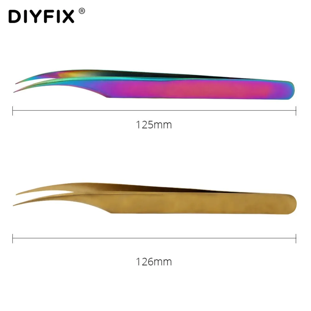 DIYFIX Eyelash Extension Tweezers Electroplating Forceps Curved Tips for Nail Art Rhinestones Gem Decor Picking Hand Tool