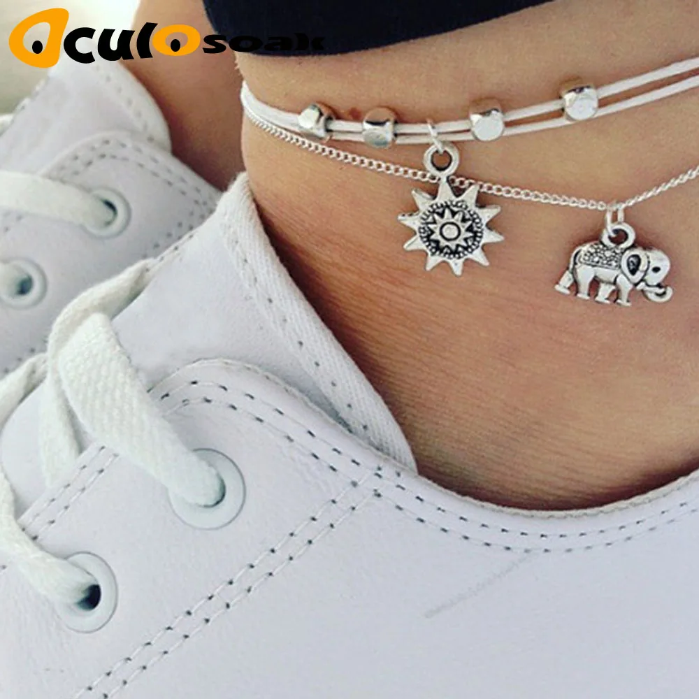 

Vintage Multiple Layers Anklets for Women Elephant Sun Pendant Charms Rope Chain Beach Summer Foot Ankle Bracelet Jewelry