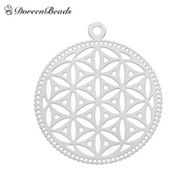 DoreenBeads 304 нержавеющая сталь цветок жизни Подвески Круглые тусклый серебряный цвет полые 32 мм(1 2/") x 28 мм(1 1/8"), 5 шт