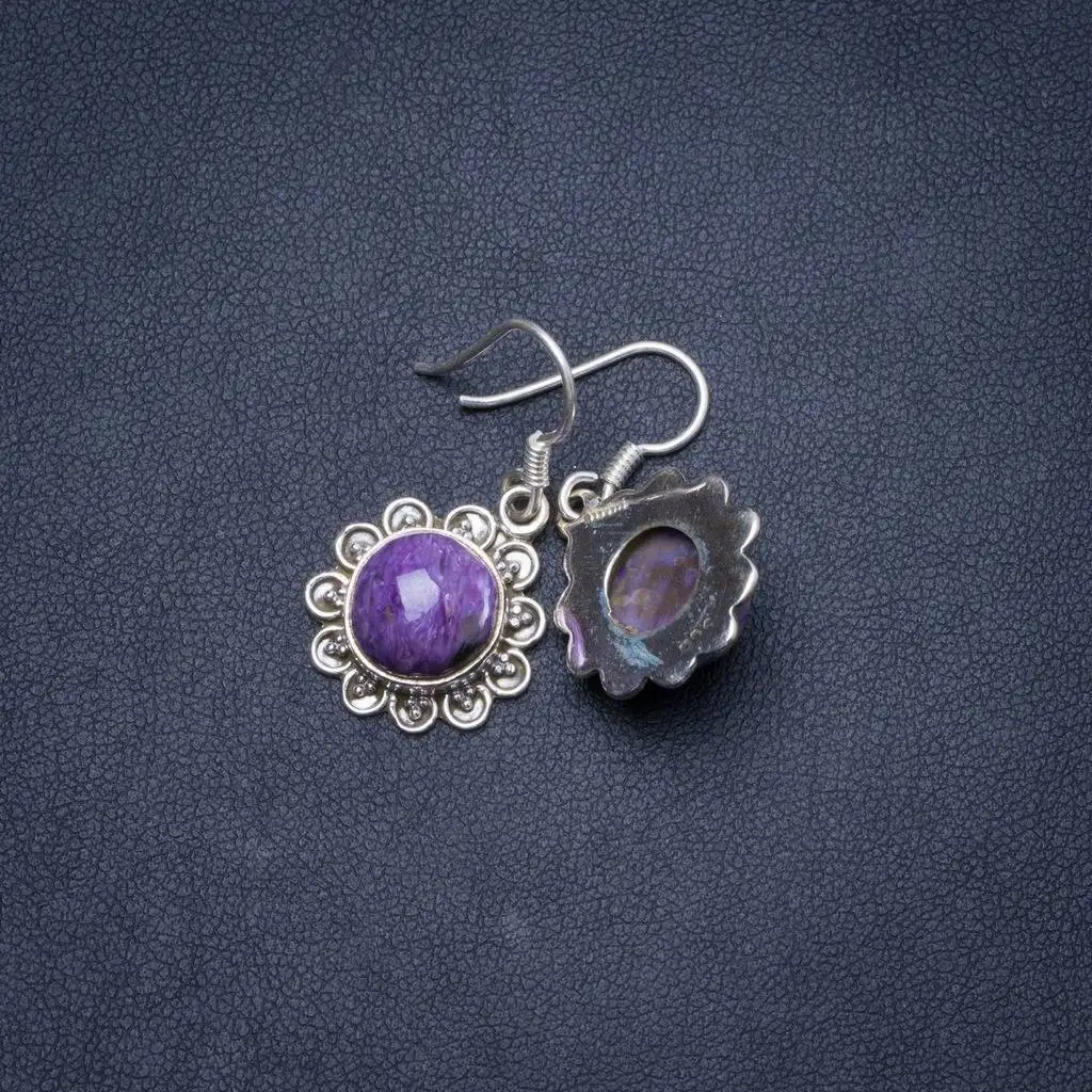 

Natural Charoite Handmade Unique 925 Sterling Silver Earrings 1" Y1258
