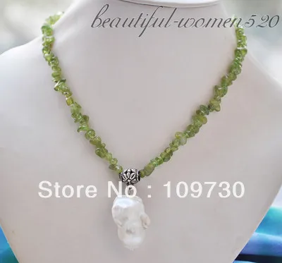

Jewelry 00410 30mm white baroque keshi reborn pearl pendant olivine necklace 17inch