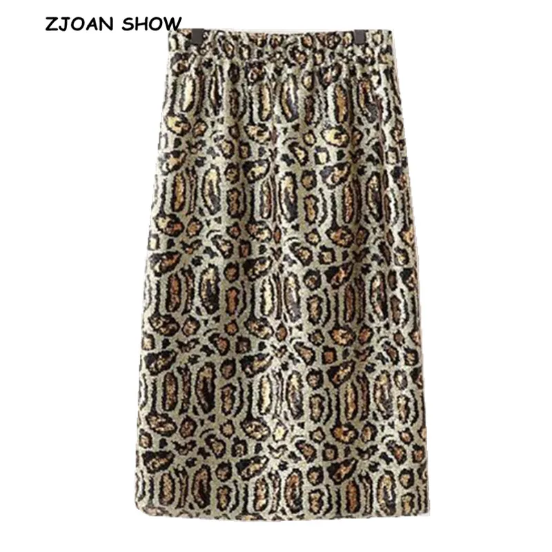

2018 New Women Spliced Leopard Pattern Bright Bling Sequins Skirt Elastic High Waist Contrast color A-line Skirts Femme