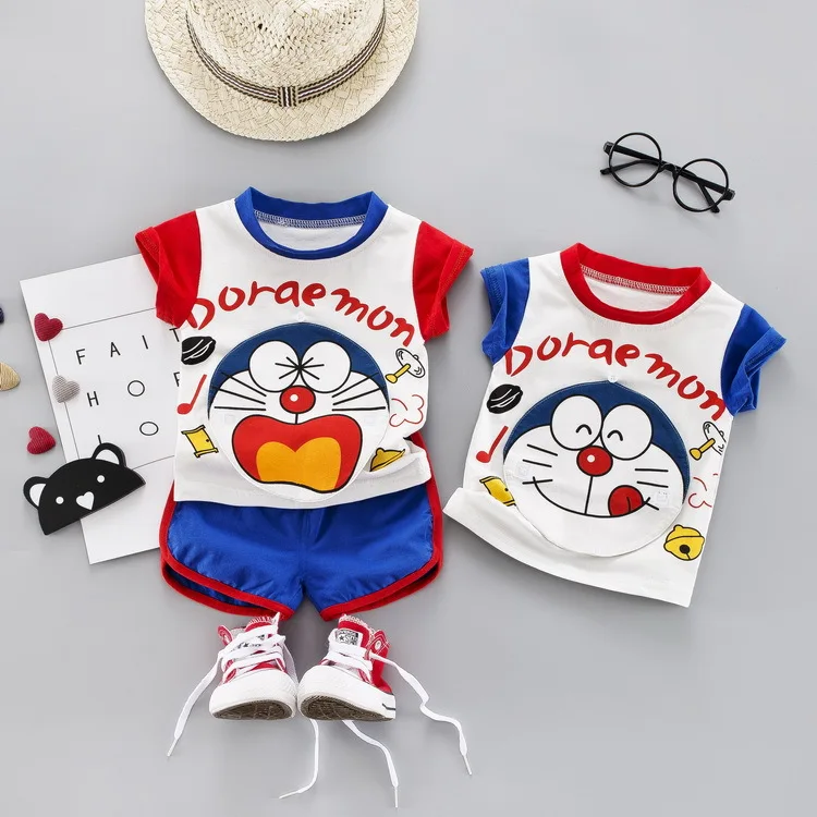 Toddler baby boys girl Clothing sets Summer Kids Replaceable Doraemon pattern T-Shirt+ Short Suits Infant Creativity Tracksuits