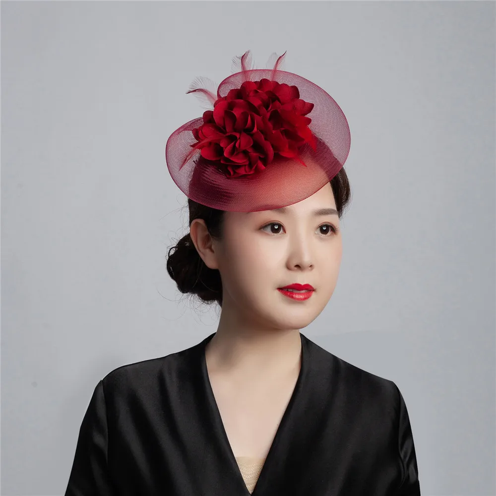 Хорошее качество Женская шикарная чародейная шляпа Коктейльная Свадебная вечеринка церковный головной убор модная шпилька для волос аксессуары для волос шоу очарование - Цвет: dark Red
