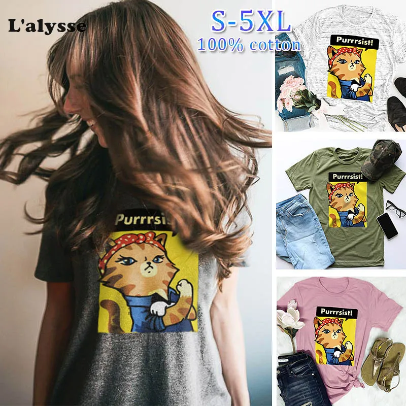 LALYSSE الصيف قصيرة الأكمام زائد حجم S-5XL تي شيرت يا الرقبة الكونغ فو القط فضفاض المحملة قمصان الأنثوية القطن المتناثرة camiseta قمم