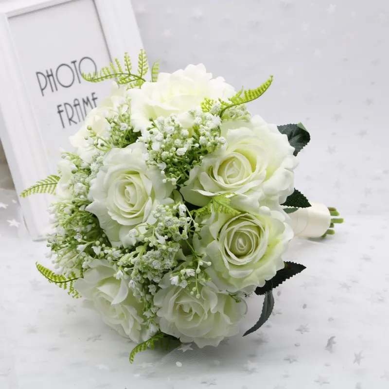 

OKOUFEN Romantic Rose and Babysbreath Wedding Bouquets 2018 Buque De Noiva For Women Bridesmaid Pageant Bridal Flowers