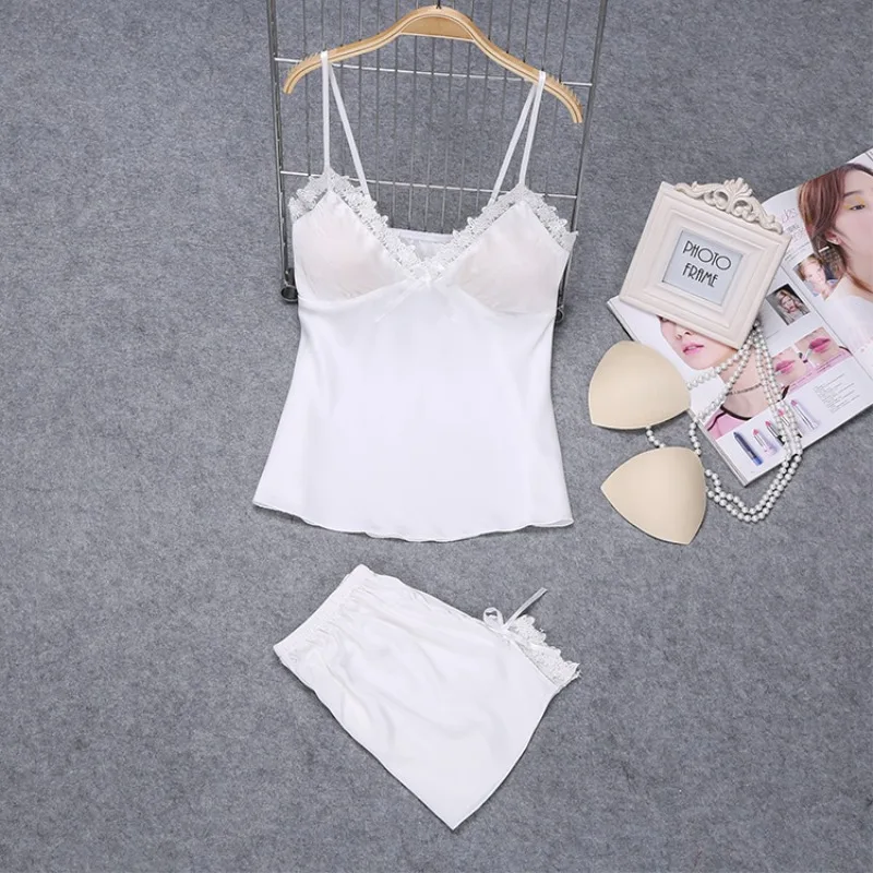 Satin Sexy Pajamas Sleeveless Summer Pajamas Women Plus Size Pajama Set with Chest Pad V Neck Silk Pajama Women Sleepwear Set 49 (4)
