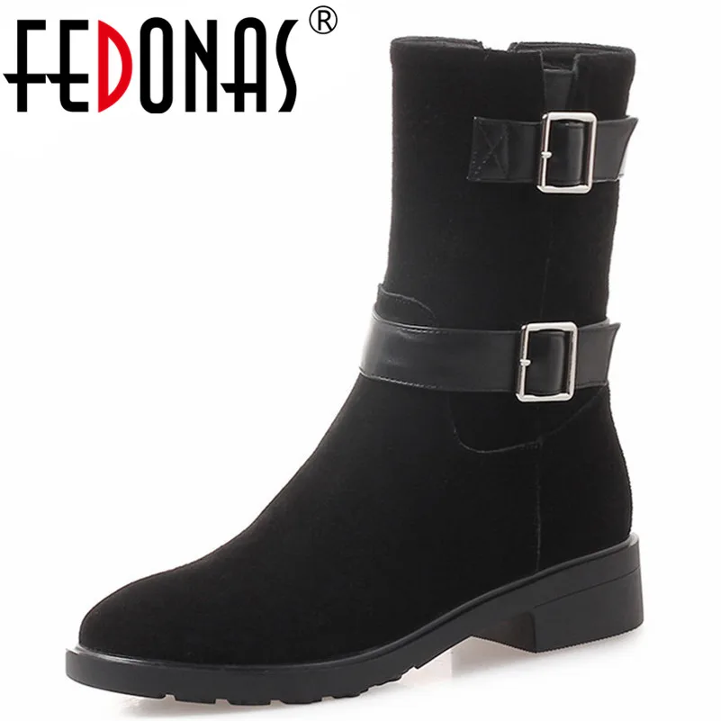 

FEDONAS Top Quality Mid-calf Boots Women High Heels Cow Suede Buckels Motorcycle Boots Round Toe Comfort Casual Shoes Woman